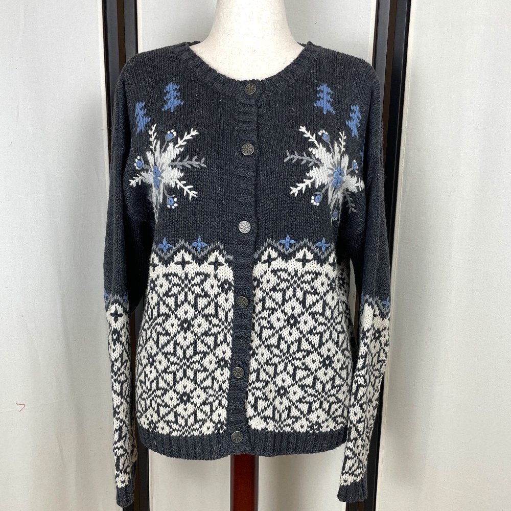 Vintage NutCracker Sweater Gray White Snowflake Cotton Fairisle Size L Quality
